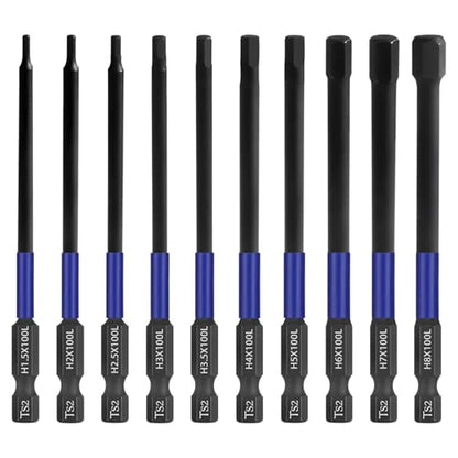 HPHOPE Impact Hex Head Allen Wrench Drill Bit Set 10 Pcs - 4"(Metric) | Premium S2 Steel, CNC Machined Tips wit Magnetism, Storage Box, 1/4" Hex-Shank for Automotive and Home Repairs - size: 100 mm, 10 Pcs, Metric