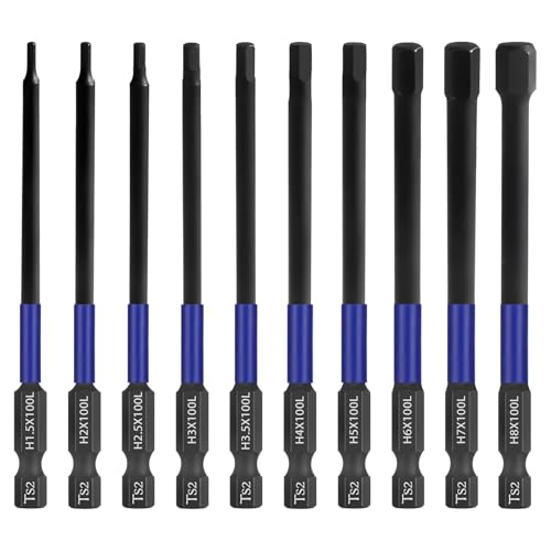 HPHOPE Impact Hex Head Allen Wrench Drill Bit Set 10 Pcs - 4"(Metric) | Premium S2 Steel, CNC Machined Tips wit Magnetism, Storage Box, 1/4" Hex-Shank for Automotive and Home Repairs - size: 100 mm, 10 Pcs, Metric