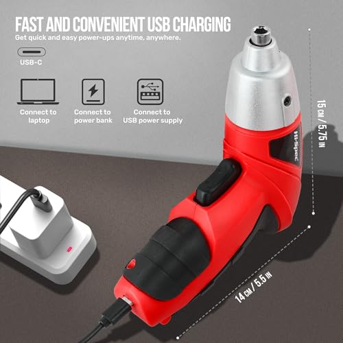 Hi-Spec 3.6V USB Small Power Screwdriver & Home DIY Tool Kit with Case, Red | 19pc, fast assembly help, common screw bit selection, LED visibility, compact grip, quick household fixes, organized storage - color: Light Red