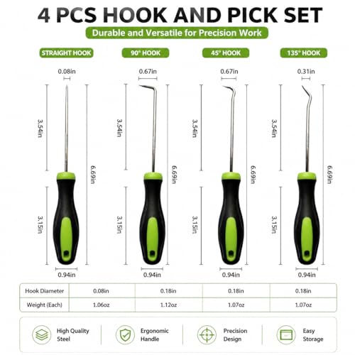 4-Piece Multi-Angle Hook and Pick Set, Precision Automotive Seal Puller & O-Ring Tools with Ergonomic Grip for Oil Seal Removal