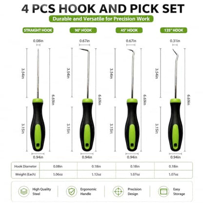 4-Piece Multi-Angle Hook and Pick Set, Precision Automotive Seal Puller & O-Ring Tools with Ergonomic Grip for Oil Seal Removal