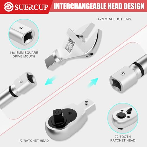 SUERCUP 1/2" Adjustable Digital Torque Wrench (1.5-99.6Ft.Lb/2-135N.m) | Interchangeable 14x18mm Head with 42mm Jaw & 1/2" Ratchet, Vibration, Buzzer & LED Flash, for HVAC, Flare Nut & Auto Repair - size: 1.5-99.6Ft.Lb/2-135N.m(14x18 mm)