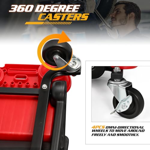 Magshion Garage Creeper Seat with Built-in Storage Drawer & Tool Holder – Durable Plastic Rolling Mechanic Stool with Wheels, 300 Lbs Capacity for Workshop & Auto Repair (Red)