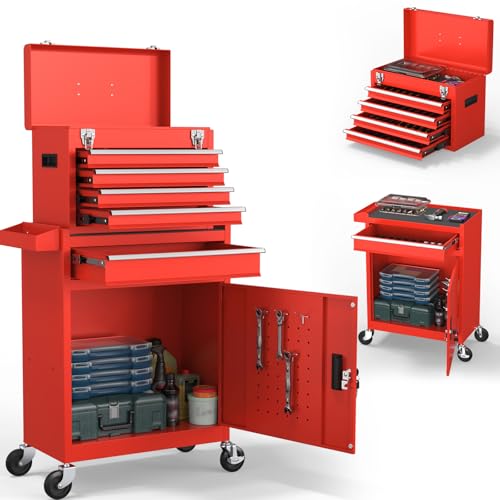 5-Drawers Tool Chest, 2-in-1 Rolling Tool Box with Wheels and Drawers, Detachable Storage Toolbox with Lock, Heavy-Duty Metal Tool Cart for Garage, Workshop (Red) - color: Red