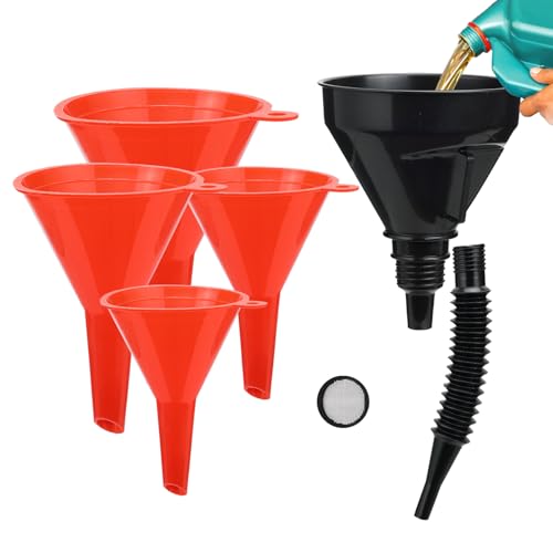 GOOACC 5 Pcs Automotive Funnels Set - Multi-Size Oil Funnel Kit with Filter Screen, Wide Mouth Plastic Fuel Funnels with Flexible Extension for Water, Gasoline, Coolant, Engine Oil Transfer - size: 5PCS