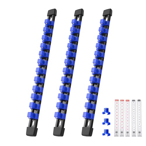 Reniteco 3-Piece Socket Organizer - 1/2-Inch Drive x 36 Clips, Heavy Duty ABS Socket Holder with Removable End Caps, Premium Socket Rail for Tool Box Drawer - color: Blue, size: 1/2" DR