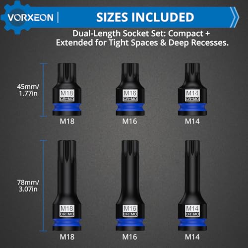 1/2" Drive Triple Square Spline Impact Bit Sockets Long and Short Combinations Set, 6 Pcs XZN Socket 42 Cr-Mo M14 M16 M18 With Storage Case - size: Triple Square 6Pcs
