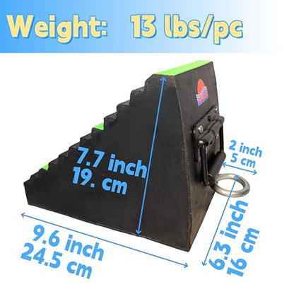 Heavy Duty 13 lb Rubber Wheel Chock with Spring Handle & Iron Ring, 3 Fluorescent Green Reflective Strips, Triangular Non-Slip for Trucks, RVs, Aircraft (Green 1 Pc) | Constructed from superior EPDM rubber, outperforming standard or recycled rubber. - col