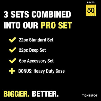 TIGHTSPOT 3/8" Drive 50pc Impact Socket PRO SET, our Most Popular Set Ever with SAE & Metric from 5/16 Inch - 3/4 Inch, 8mm-19mm + 21mm + 22mm, Standard/Deep Sockets, Extension Bars, Adapters & More - size: 3/8“ Drive 50pc Impact Socket Set