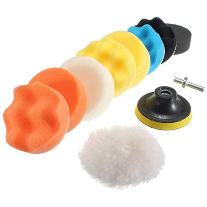 11Pcs 3 Inch Car Foam Drill Polishing Pad Kit Buffing Sponge Pads Kits by Yesallwas,for Car Sanding, Polishing, Waxing (8 Polishing Pads,1 Woolen Buffer, 1 Thread Drill Adapter with Shank) - size: 3"/80mm 11pcs