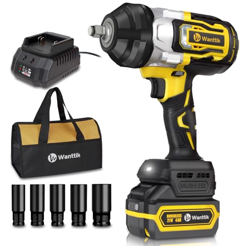 Cordless Impact Wrench 1/2 inch Impact Gun with Charger & 5 Sockets, Brushless Motor, 1000Ft-lbs, 21V, 4.0Ah Battery, Variable Speeds for Car/Pickup Truck/Mower/Industrial Tasks - style: 1000 Ft-lbs /1 xBattery