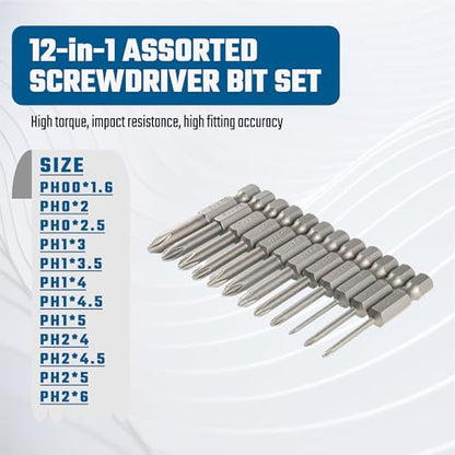 VESTTIO Phillips Cross Slot Screwdriver Bit Set 12PCS 1/4 Inch Hex Shank 2 Inch/50 mm Length S2 Steel with Magnetic for Power Screwdriver Drill Impact Driver - size: 12 PH / 2 inch