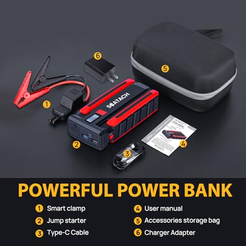 Scatach 6000A Car Battery Jump Starter,12V Car Jumper Starter Battery Pack Portable (up to 10.0L Gasoline and 8.0L Diesel Engine), Jump Box with LED Display, Flashlight and Jumper Cables