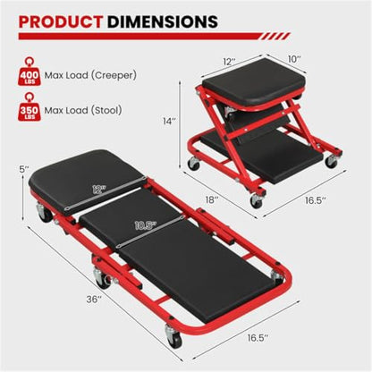 Folding Mechanic Creeper Stool, Heavy Duty Padded Seat for Garage Workshop, Low Profile Auto Repair Rolling Seat with Tool Tray, Shop Stool Workshop Seat Car Repair Creeper Under Car Creeper