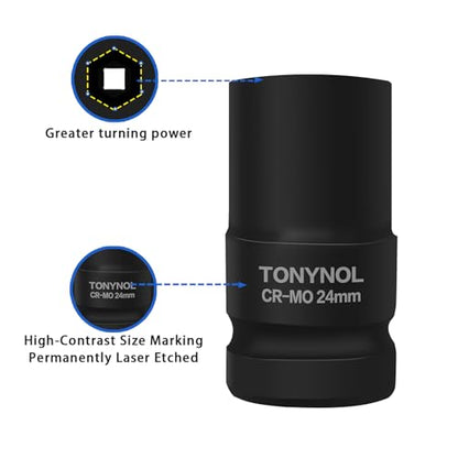 TONYNOL 3/4 Inch Drive Deep Impact Socket Set,6-Point,Metric (24mm to 41mm),12 Pcs,Cr-Mo,Heavy Duty Impact Socket Set,With a Storage Case - size: 3/4" Drive 12-Piece (15/16" to 1-5/8")