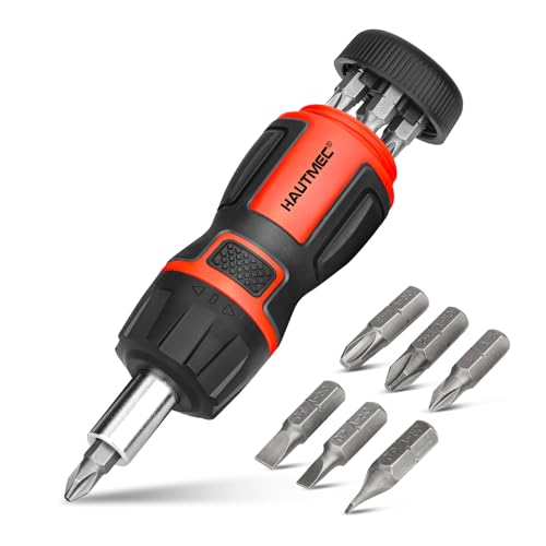 HAUTMEC 7-in-1 Stubby Ratcheting Screwdriver Set, Ratchet Short Screwdriver Set with Multi Bit Screw Driver Tool All in One, Chrome Vanadium Steel Shaft 3PCS Phillips and 3PCS Slotted - color: 7-in-1 Ratcheting