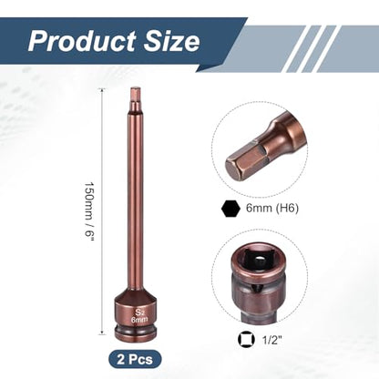 HARFINGTON 2pcs Impact Hex Bit Socket 1/2" Drive 6H (6mm) Hex Bits 6" Length S2 Steel Metric Impact Wrench Socket Adapter Tool for Automotive Repair Industrial Construction and Home DIY - size: H6 x 1/2" x 6"