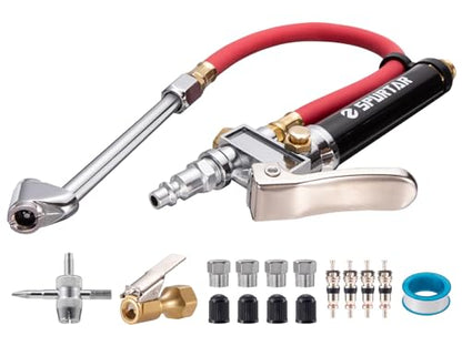 Spurtar 10-120 PSI Tire Pressure Gauge with Inflator Heavy Duty | Air Chuck Pressure Gauge with 4 Way Tool Valve Cores Air Compressor Attachments Tire Inflator Nozzle for Car Automotive Truck