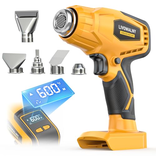 LIVOWALNY Cordless Heat Gun Compatible with Dewalt 20V Battery (Tool Only) 260W High Power Hot Air Gun (68°F-1112°F) & Airflow Control Digital Display for Shrink Wrapping Crafting - color: Yellow -De, size: HeatPro LCD 600