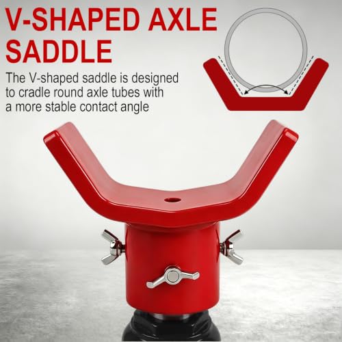 Bottle Jack Adapter,V-Shaped Axle Saddle, Adjustable Bolts(Red) | Fits compatible 2T-12T bottle jacks with jack ram up to 1.61 in;threaded side bolts help center the adapter on the jack top - color: Red Bolts