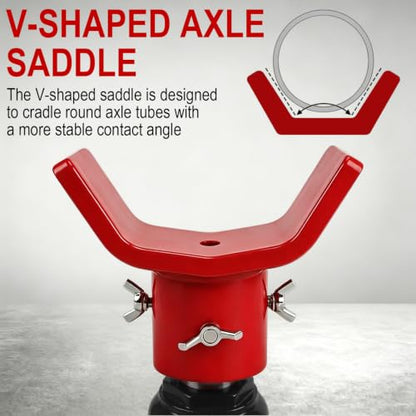 Bottle Jack Adapter,V-Shaped Axle Saddle, Adjustable Bolts(Red) | Fits compatible 2T-12T bottle jacks with jack ram up to 1.61 in;threaded side bolts help center the adapter on the jack top - color: Red Bolts