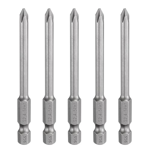 HARFINGTON 5pcs #1 Phillips Screwdriver Bit PH1 1/4" Hex Shank 3" (75mm) Long Magnetic S2 Steel Industrial Grade Screw Driver Bit Cross Head Electric Drill Bits 0.177" (4.5mm) Rod - size: PH1 x 75mm x 4.5mm