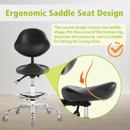 Saddle Stool Chair with Wheels,Ergonomic Swivel Rolling Height Adjustable for Salon Beauty Clinic Dentist Tattoo Home Office - color: Black, size: With Backrest