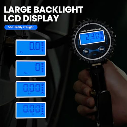 Digital Tire Gauge with Inflator & Deflator - LED Display & 0.1 PSI Resolution - Quick Release Valve & Heavy Duty Chuck - w/Adapter for Car, Truck, SUV, Motorcycle, RV, Balls - size: Upgraded