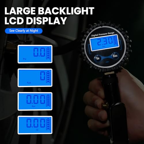 Digital Tire Gauge with Inflator & Deflator - LED Display & 0.1 PSI Resolution - Quick Release Valve & Heavy Duty Chuck - w/Adapter for Car, Truck, SUV, Motorcycle, RV, Balls - size: Upgraded