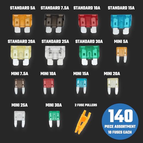 NEIKO 50502A Car Fuses Assortment Set, 140pc, Fast Acting, Auto Fuses Kit, Standard and Mini Sizes, 5A, 7.5A, 10A, 15A, 20A, 25A, and 30 Amp, Marine Boat, Automotive, RV, Car Fuse Kit, Fuse Puller - style: Standard & Mini Car Fuse Set