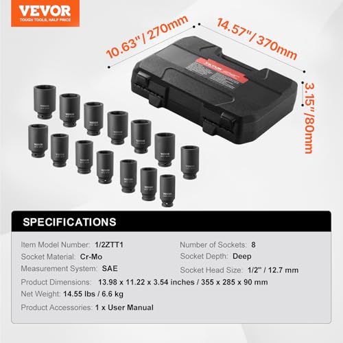 VEVOR Axle Nut Impact Socket Set - 1/2" Drive Deep 6+12-Point 14-Piece Metric Spindle Nut Socket CR-V Heat Treated Large Socket Set with Storage Case for Auto Repair, Removing or Installing Axle Nuts - style: 1/2" 14PCS CR-MO