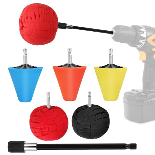 6PCS Car Wheel Hub Drill Polishing Cone Sponges, Polishing Balls, with 1/4" Hex Extension Holder, Buffing Tool for Cars Wheel Rim and Hub, Exhaust Tips, Aluminum, Chrome, Metal