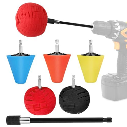 6PCS Car Wheel Hub Drill Polishing Cone Sponges, Polishing Balls, with 1/4" Hex Extension Holder, Buffing Tool for Cars Wheel Rim and Hub, Exhaust Tips, Aluminum, Chrome, Metal