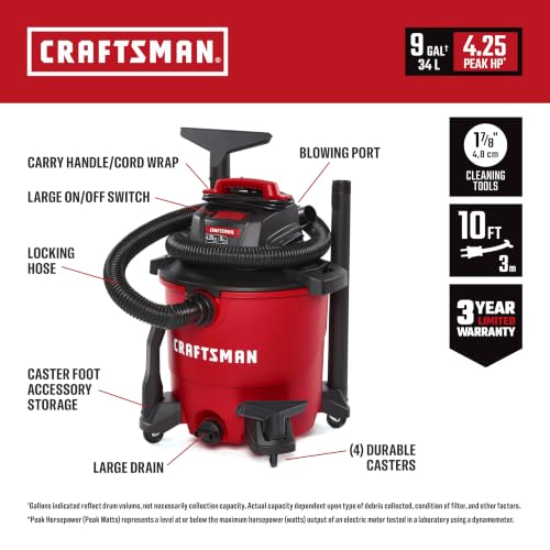 CRAFTSMAN CMXEVBE18690 9 Gallon 4.25 Peak HP Wet Dry Shop Vacuum - size: 9 Gal 4.25 Peak HP w/ Dusting Brush