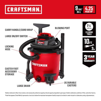 CRAFTSMAN CMXEVBE18690 9 Gallon 4.25 Peak HP Wet Dry Shop Vacuum - size: 9 Gal 4.25 Peak HP w/ Dusting Brush