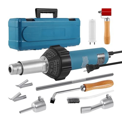 1600W 110V Hot Air Welder Heating Gun, TPO PVC Vinyl Welding Kit with Welding Speed Nozzle Roller Rod Carry Case, 40-600℃ Adjustable Temperature, Handheld Hot Air Torch Plastic Welding Gun - color: 1600w-(w/Case+extra 2 Accessories)