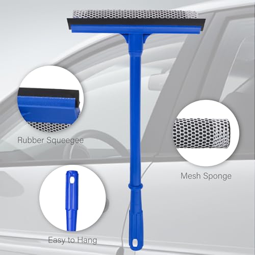 2-in-1 Car Window Cleaner, Multi-Use Car Windshield Cleaning Tool, with 15.9" Handle, 8" Soft Rubber Blade & Highly Absorbent Sponge, Home, Car, Glass, Shower, Outdoor Window Cleaning