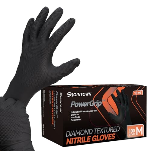 Jointown Upgraded 10 Mil Heavy Duty Nitrile Gloves, Mechanic Gloves Nitrile Disposable, with Raised Diamond Texture, Case of 100, Black, Medium - color: Black 10 Mil, size: Medium