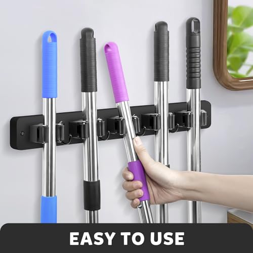 IMILLET Broom Holder Wall Mount, Wood Broom Holder with 5 Racks and 4 Hooks Broom Organizer, Laundry Room Organization and Storage, Mop Hanger for Home Organization, Garden, Garage, Closet (Black) - style: Wooden-5 Slots Black