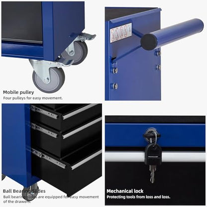 6-Drawer Rolling Tool Chest with Locking Wheels & Drawers, 13" D x 24.2" W x 36.6" H Mobile Tool Storage Cabinet, Heavy-Duty Garage Organizer w/Ergonomic Handle - color: Blue