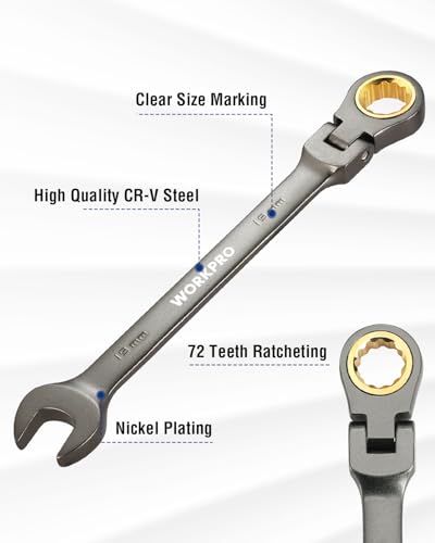 WORKPRO 19 mm Flex-Head Ratcheting Combination Wrench, Cr-V Constructed, Nickel Plating, 72-Teeth, 12 Point Design, Metric - size: 19 mm, style: Nickel Plating