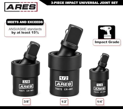 ARES 70073-3-Piece Impact Universal Joint Set - 1/4-Inch, 3/8-Inch and 1/2-Inch Drive Chrome Moly U Joint Sockets Access Hard to Reach Fasteners - size: 1/4-Inch, 3/8-Inch, 1/2-Inch Standard Set
