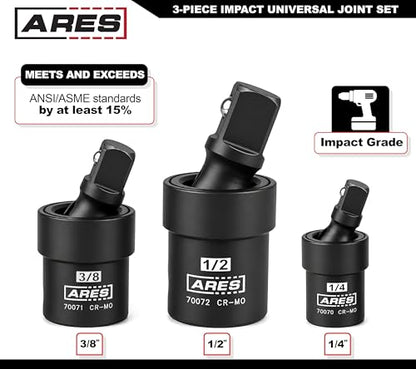 ARES 70073-3-Piece Impact Universal Joint Set - 1/4-Inch, 3/8-Inch and 1/2-Inch Drive Chrome Moly U Joint Sockets Access Hard to Reach Fasteners - size: 1/4-Inch, 3/8-Inch, 1/2-Inch Standard Set