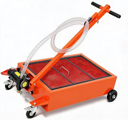 Low Profile Oil Drain Pan 15gal with 110V Electric Pump, 8ft Hose & Folding Handle, Rolling Drain Cart for Cars Trucks SUVs RVs, Leak-Proof Heavy-Duty Oil Change Pan for Garage Workshop,Orange