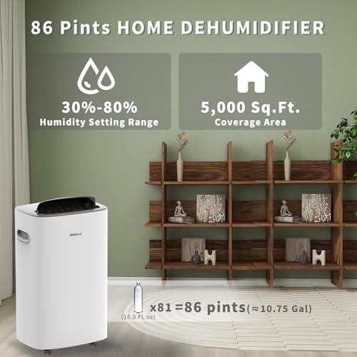 Shinco 86 Pints Dehumidifier for Home and Basements, 5000 Sq.Ft Dehumidifiers with Drain Hose, Auto or Manual Drainage, Auto Defrost, Quietly Remove Moisture, Intelligent Humidity Control, 24HR Timer - color: 5,000 Sq.Ft with Drain Pipe