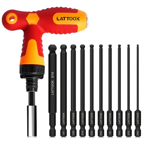 SAE Ball End Hex Bit Set with T Handle Ratchet Driver | LATTOOK 10PCS Ball End Hex Head Allen Wrench Drill Bit Set, Allen Key Drill Bit Set, Magnetic S2 Steel, 4'' Long - style: 10PCS Ball Hex Bits+T Handle