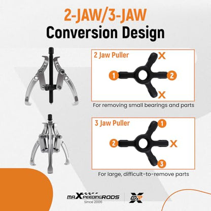 maXpeedingrods 3" 4" 6" 8" Gear Puller Set, 2 Jaw & 3 Jaw Bearing Puller Kit with Ratchet Wrench, 72pcs Reversible Jaw Gear Pulling Tool for Internal External Bearing Gear Pulley Flywheel Removal - style: 2/3 Jaw Puller W/Wrench