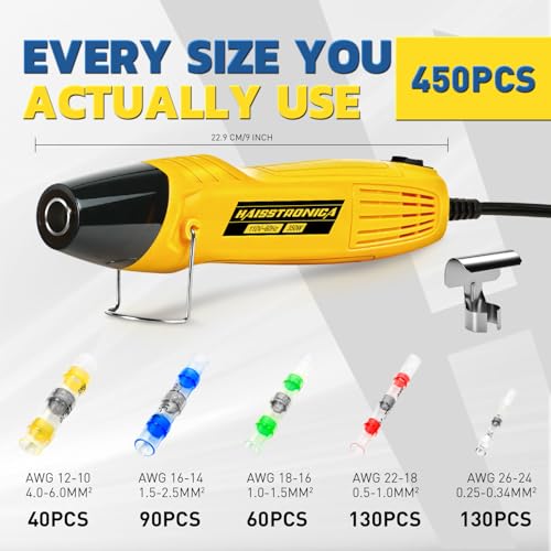 haisstronica Solder Seal Wire Connectors Set with Heat Gun,Waterproof Electrical Connectors Moving Storage Boxes Heat Gun for Automotive, Marine, Wiring Repair (450PCS) - size: 450PCS