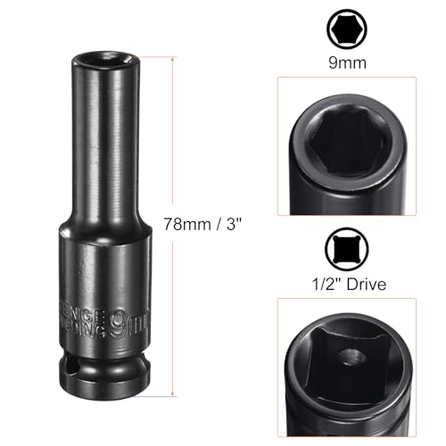 HARFINGTON Deep 6-Point Impact Socket 1/2" Drive 9mm Metric Socket 3" Length with 1/4" Hex Shank Adapter, CR-V Steel Socket Adapter Accessory Tool Set Kit for Hex Bolts Nuts - size: 9mm