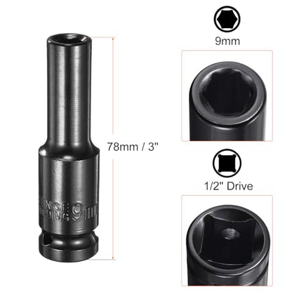 HARFINGTON Deep 6-Point Impact Socket 1/2" Drive 9mm Metric Socket 3" Length with 1/4" Hex Shank Adapter, CR-V Steel Socket Adapter Accessory Tool Set Kit for Hex Bolts Nuts - size: 9mm